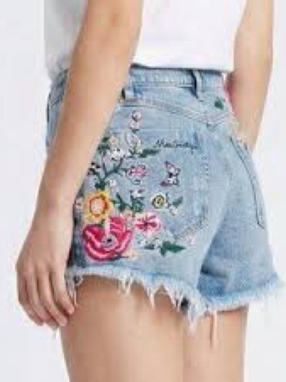 Miss Sixty Embroidered Floral Denim Shorts - Light Blue